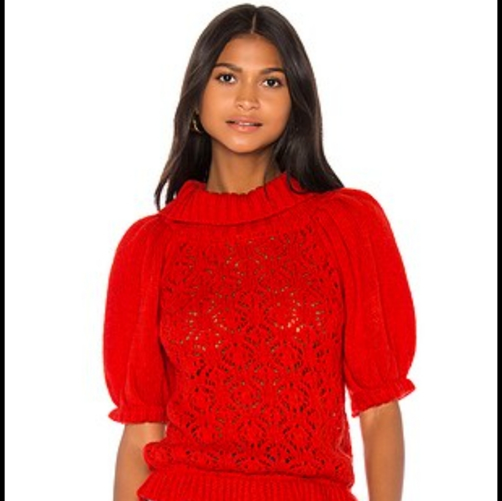 NWT For Love & Lemons Red Puffed Sleeved Sweater Size XS